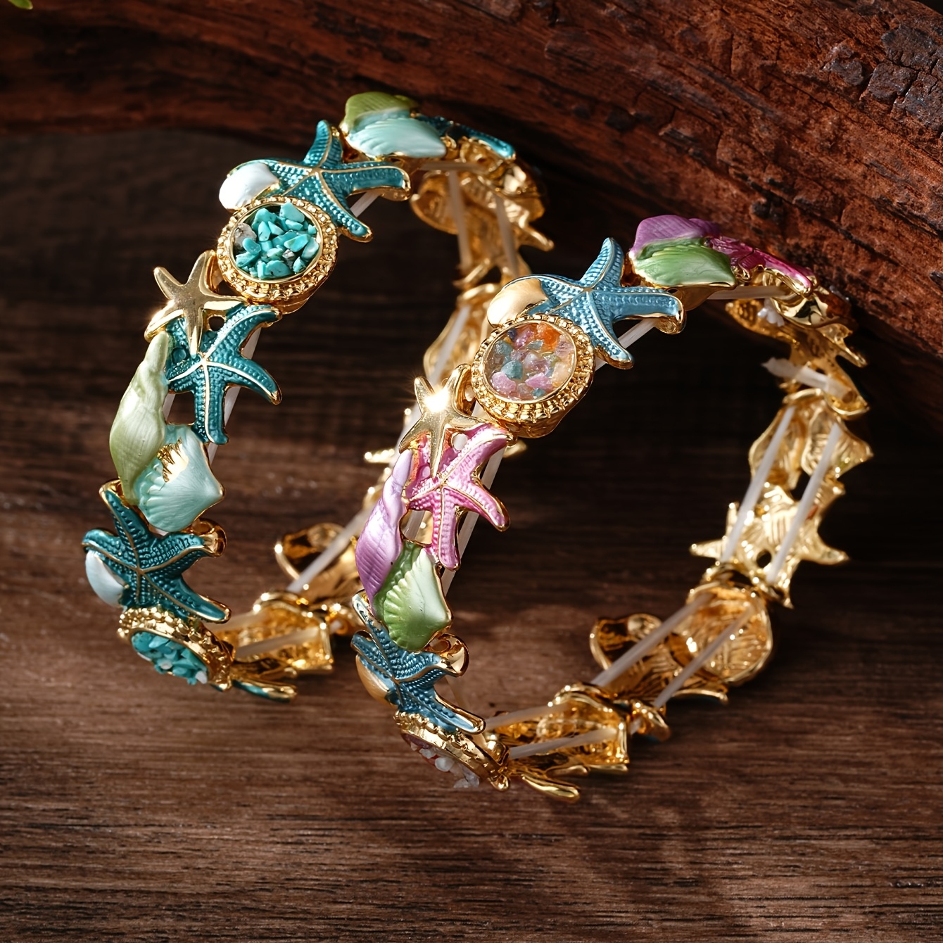 Boho Summer Coastal Starfish & Seashell Bracelet, Open Cuff